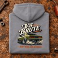 V8 Brute Muscle Car Raw Power Graphic Hoodie — Heather Grey, folded back main hero on a worn automotive workbench – car-hd-0072
