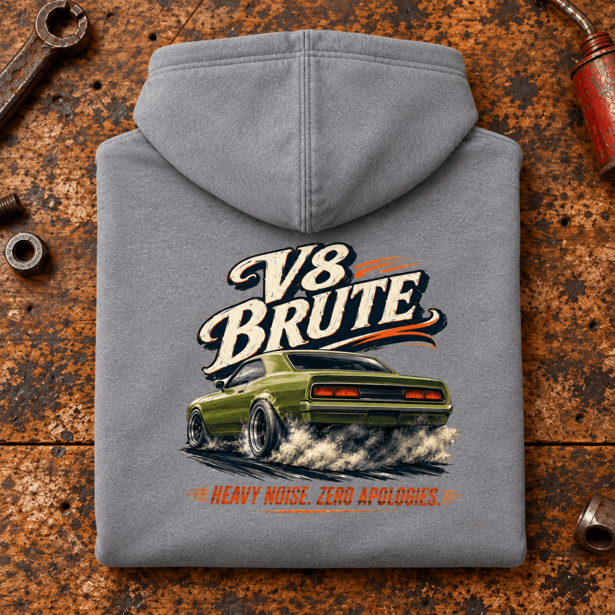 V8 Brute Muscle Car Raw Power Graphic Hoodie — Heather Grey, folded back main hero on a worn automotive workbench – car-hd-0072