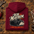 V8 Mayhem Muscle Fastback American Iron Graphic Hoodie — Burgundy, folded back main hero on a worn automotive workbench – car-hd-0070