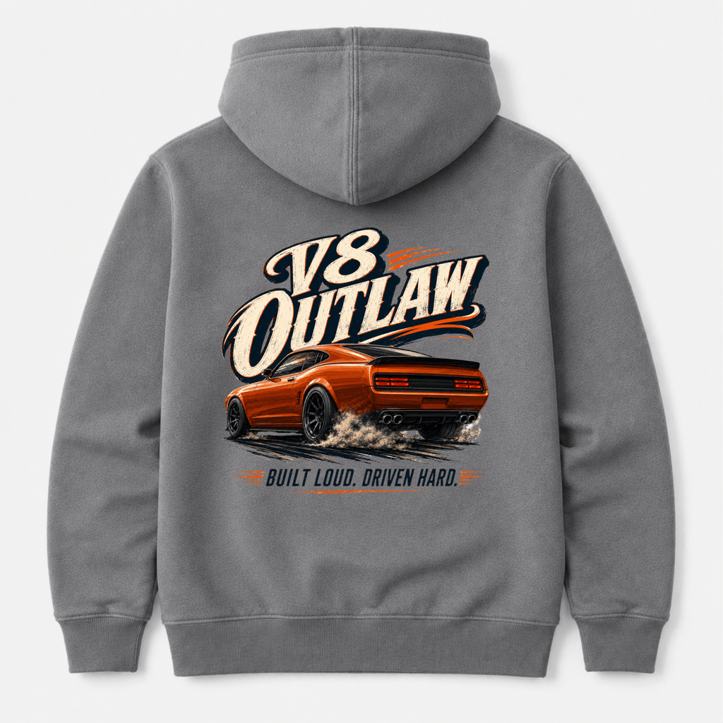 Camberline Cars V8 Outlaw Muscle Car Hoodie in Charcoal showing back graphic