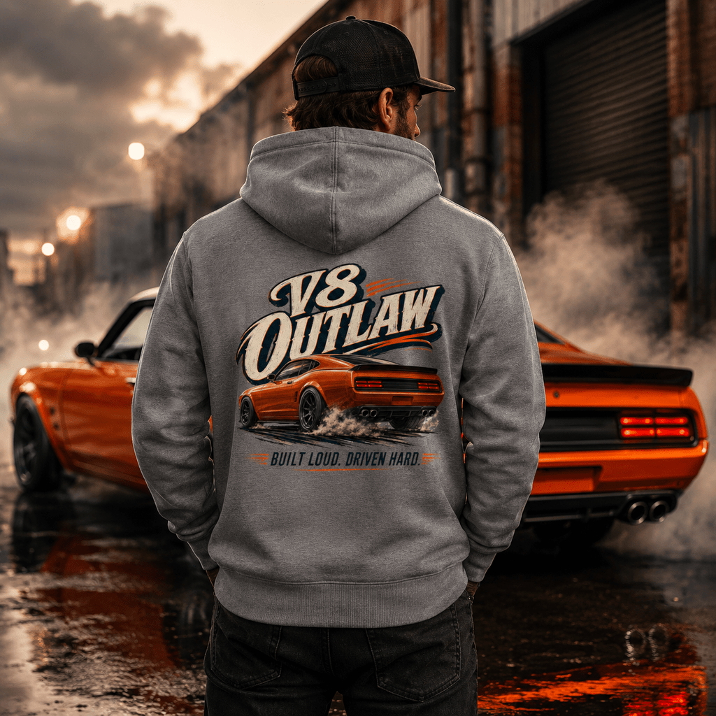 Model wearing Camberline Cars V8 Outlaw Muscle Car Hoodie in Charcoal, styled for car and 4x4 culture