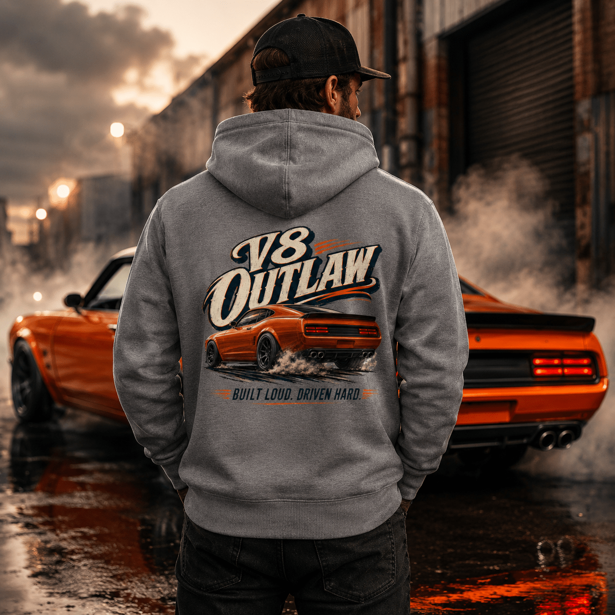 Model wearing Camberline Cars V8 Outlaw Muscle Car Hoodie in Charcoal, styled for car and 4x4 culture