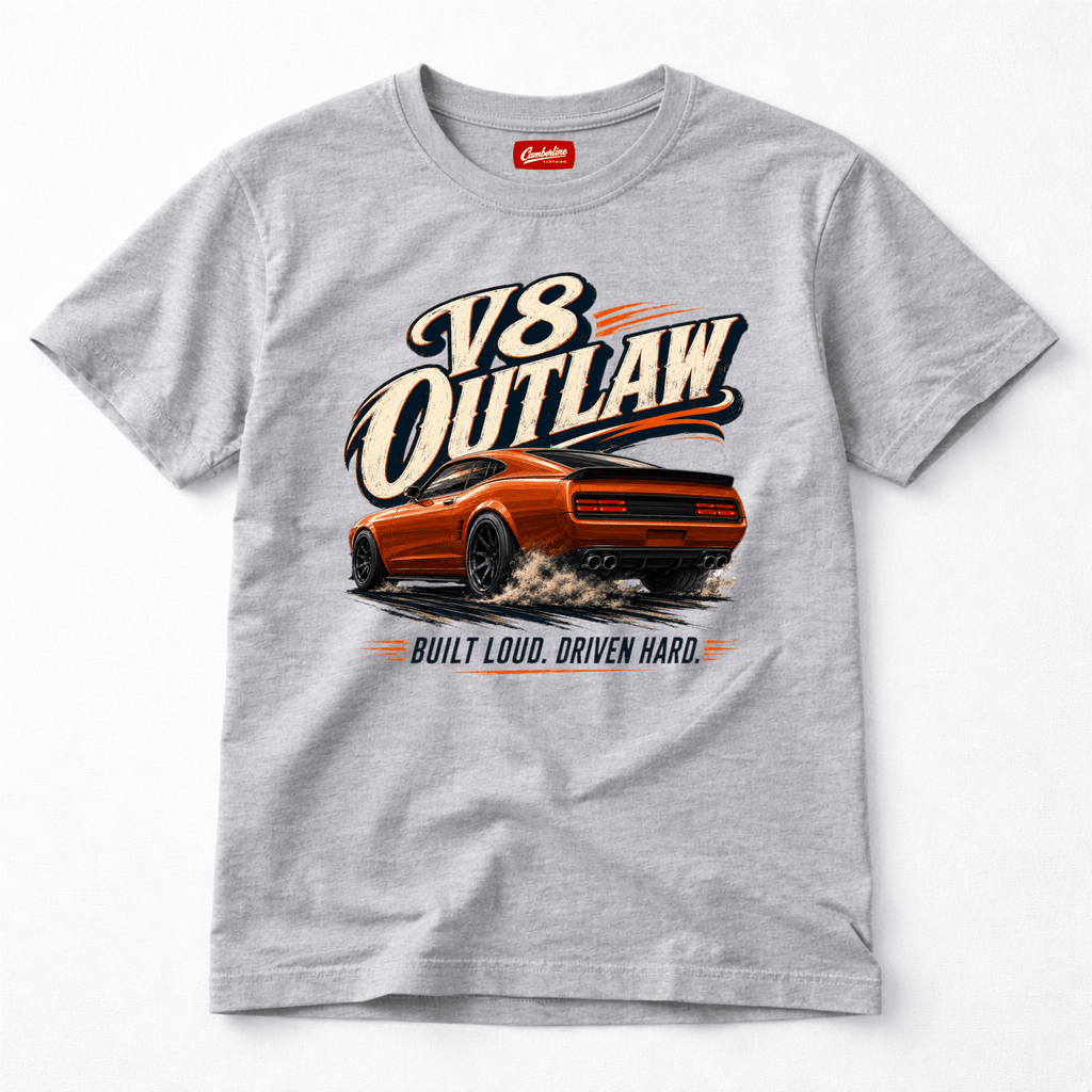 Camberline Cars V8 Outlaw Muscle Car T-Shirt in Sport Grey showing front graphic