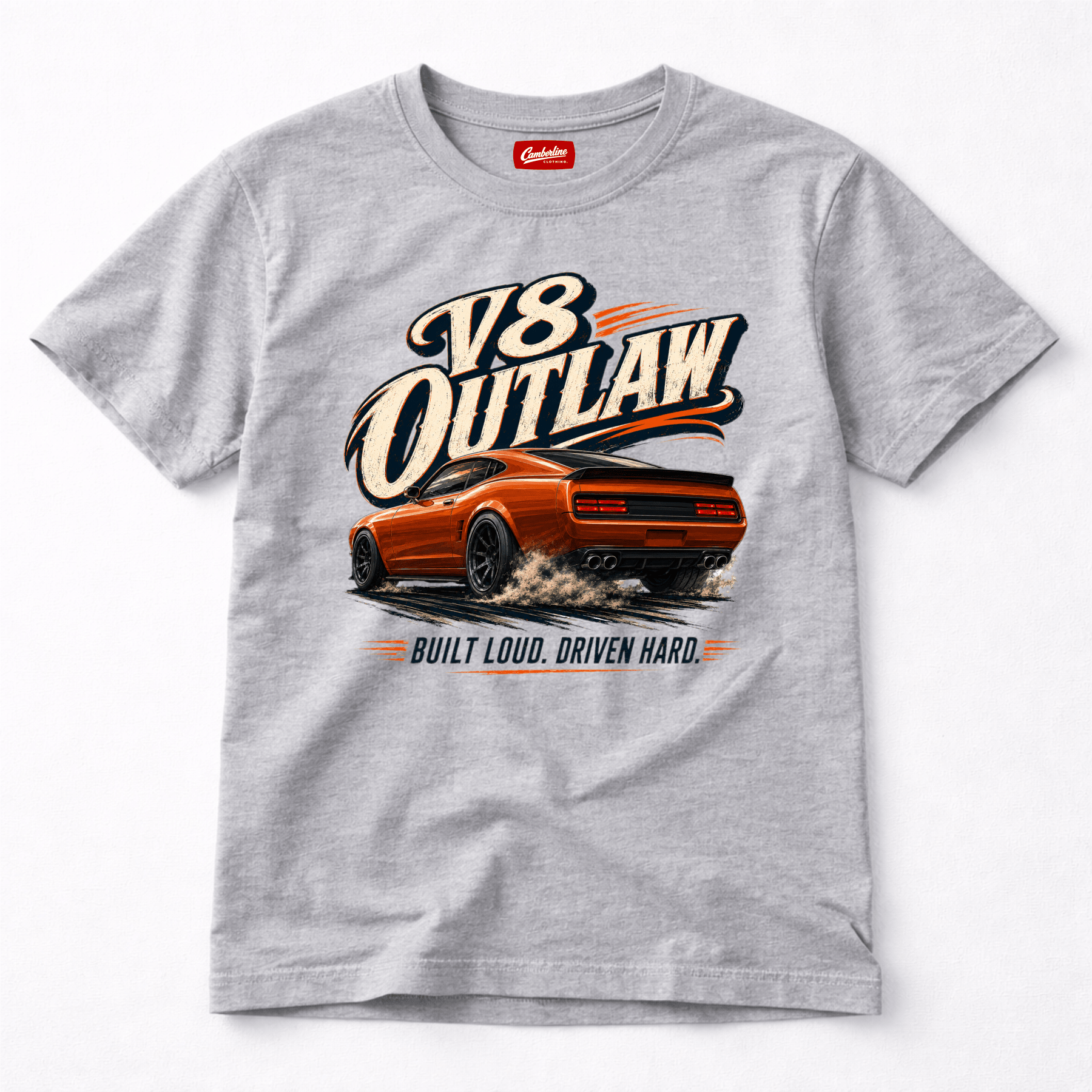 Camberline Cars V8 Outlaw Muscle Car T-Shirt in Sport Grey showing front graphic