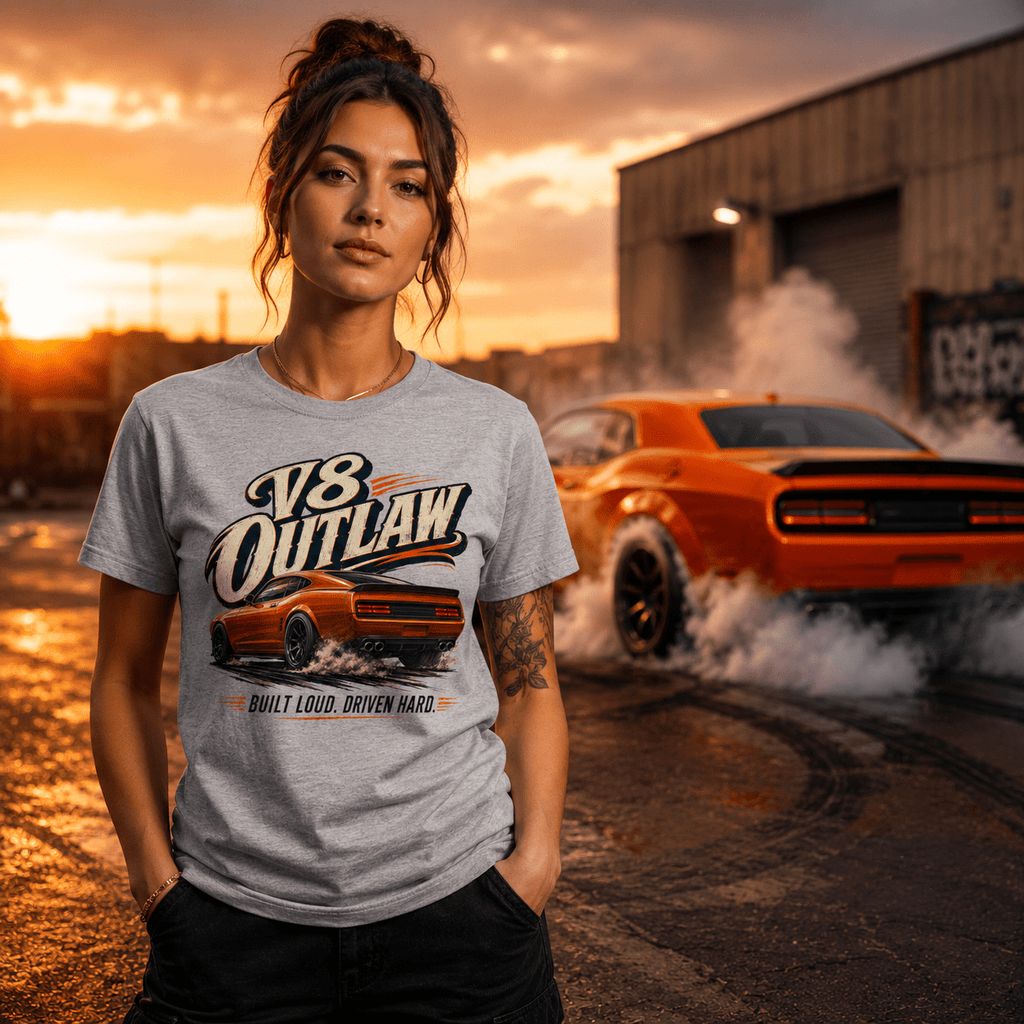 Model wearing Camberline Cars V8 Outlaw Muscle Car T-Shirt in Sport Grey, styled for car and 4x4 culture