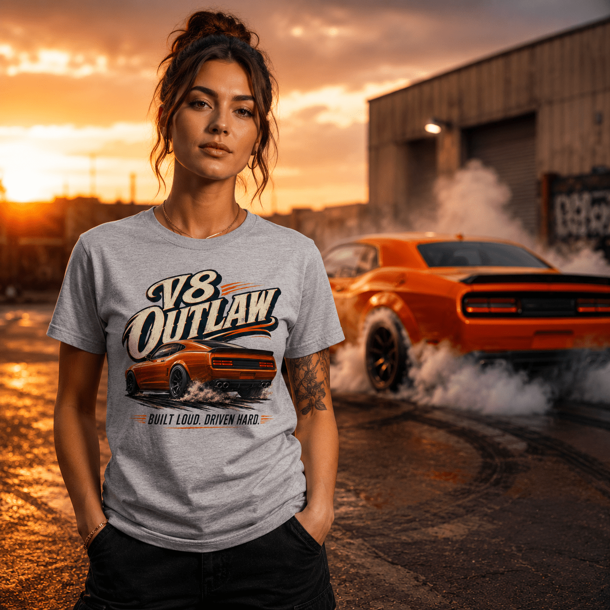 Model wearing Camberline Cars V8 Outlaw Muscle Car T-Shirt in Sport Grey, styled for car and 4x4 culture