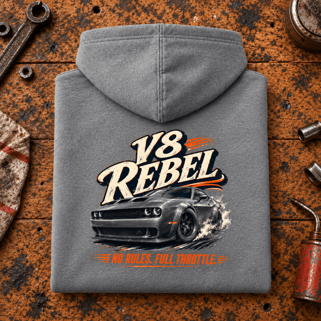 V8 Rebel Muscle Car Counter Culture Graphic Hoodie — Heather Grey, folded back main hero on a worn automotive workbench – car-hd-0076