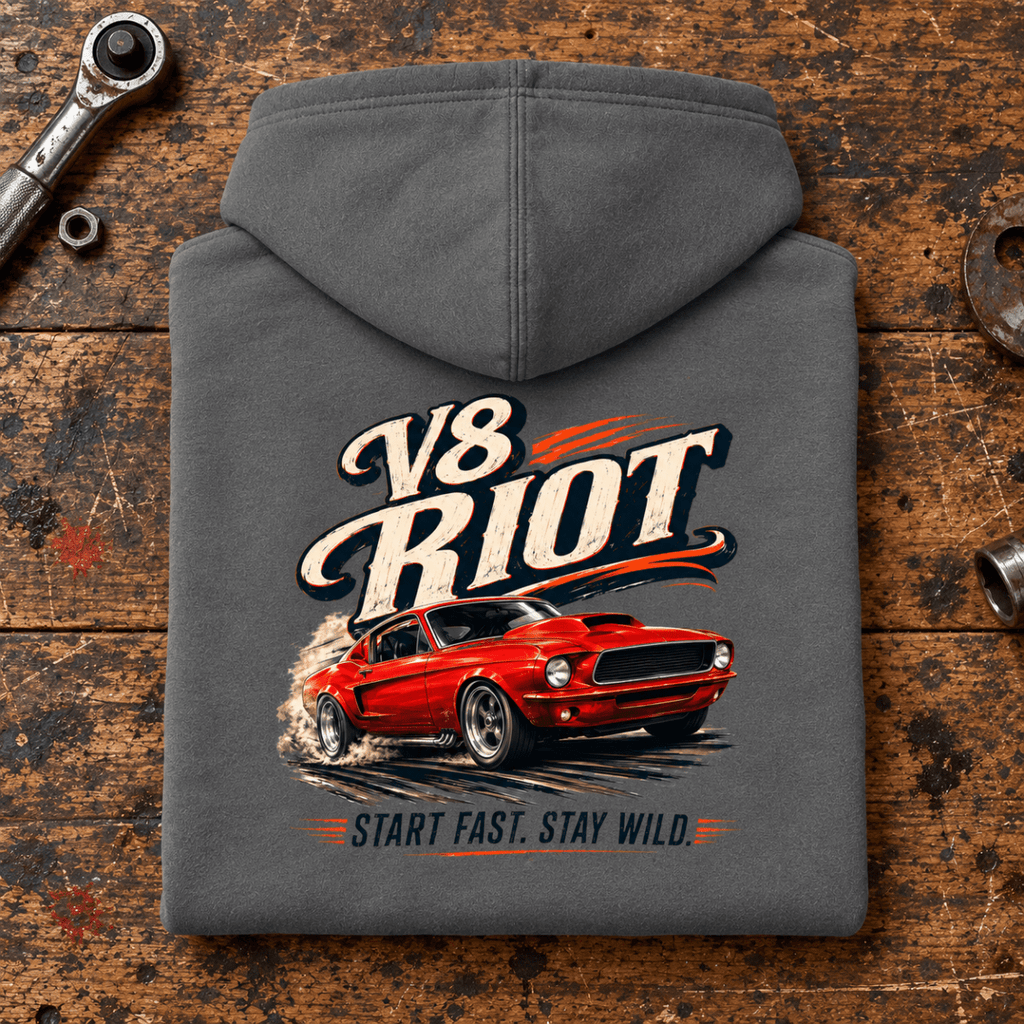 Muscle Car Graphic Hoodie – V8 Riot Classic Car Burnout, folded back main hero on a worn automotive workbench – car-hd-0028