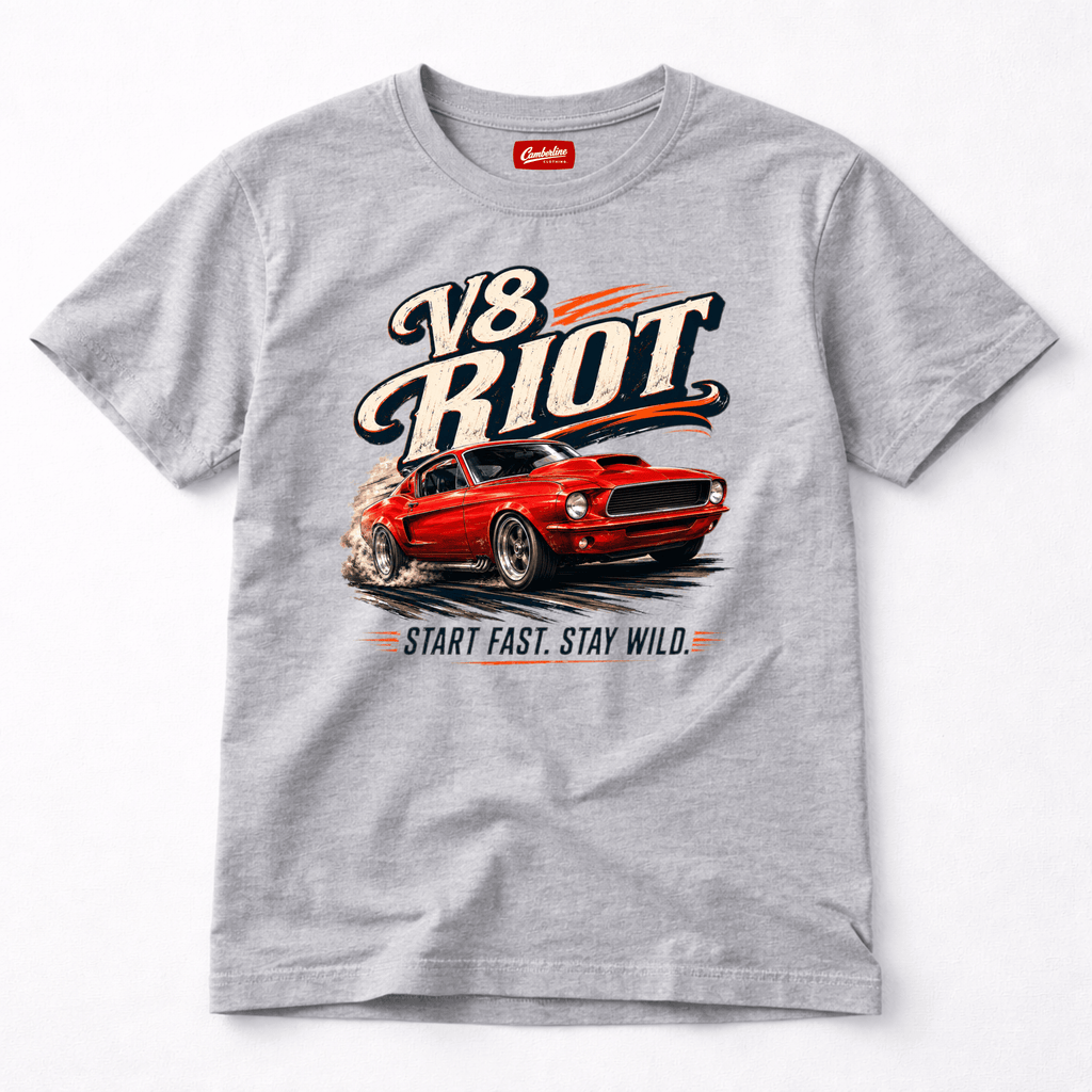 Gray t-shirt with a red car graphic and 'V8 Riot' text on a white background