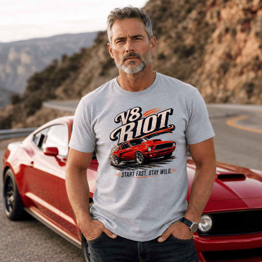 Man wearing a gray t-shirt with a red car graphic and text, standing in front of a red car on a mountain road.
