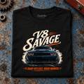 Muscle Car Graphic T-Shirt – V8 Savage Raw Power, folded front main hero on a worn automotive workbench – car-ts-0066