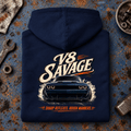 Muscle Car Graphic Hoodie – V8 Savage Raw Power, folded back main hero on a worn automotive workbench – car-hd-0066