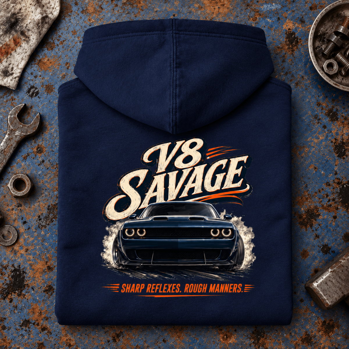Muscle Car Graphic Hoodie – V8 Savage Raw Power, folded back main hero on a worn automotive workbench – car-hd-0066