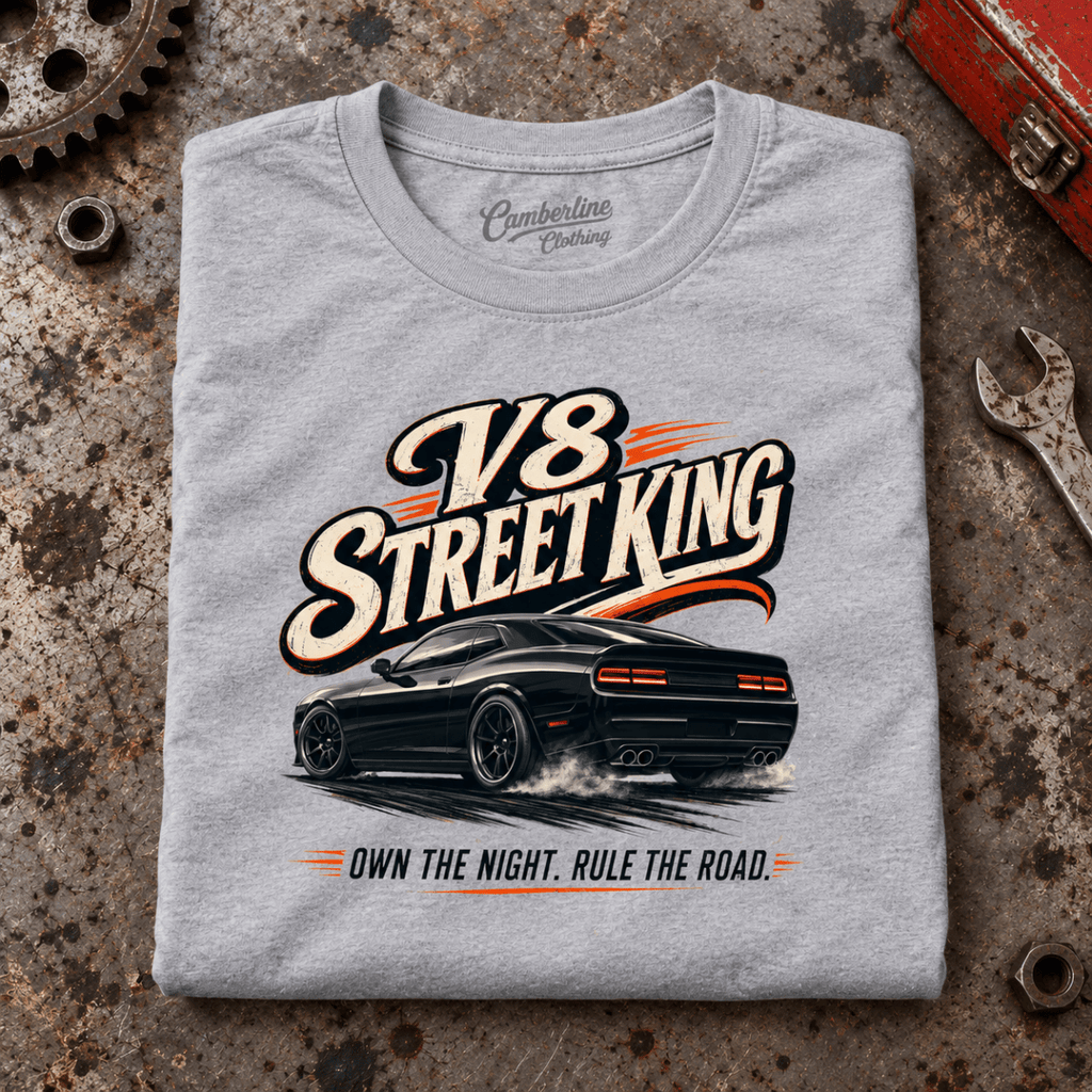 Muscle Car Graphic T-Shirt – V8 Street King American Iron, folded front main hero on a worn automotive workbench – car-ts-0063