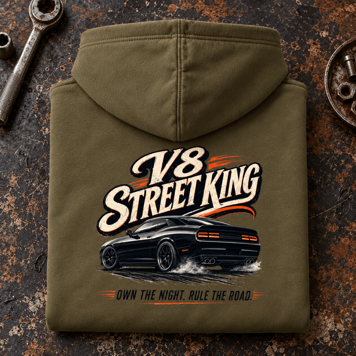 Muscle Car Graphic Hoodie – V8 Street King American Iron, folded back main hero on a worn automotive workbench – car-hd-0063