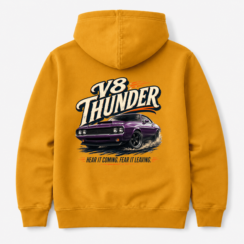Camberline Cars V8 Thunder Muscle Car Hoodie in Mustard showing back graphic