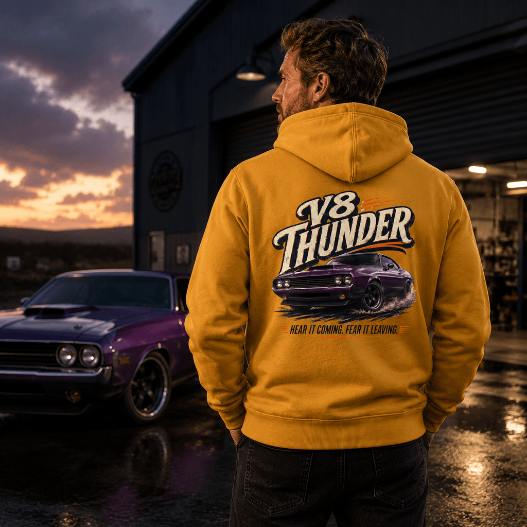 Model wearing Camberline Cars V8 Thunder Muscle Car Hoodie in Mustard, styled for car and 4x4 culture