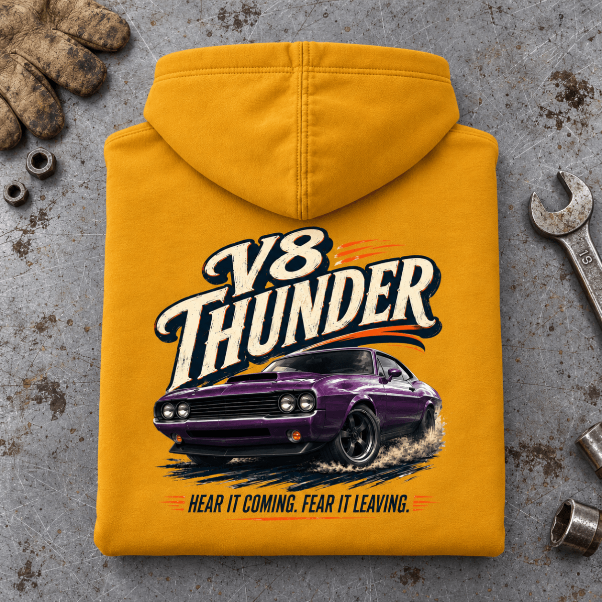Folded mustard V8 Thunder High Torque hoodie back on a workshop bench — car-hd-0091