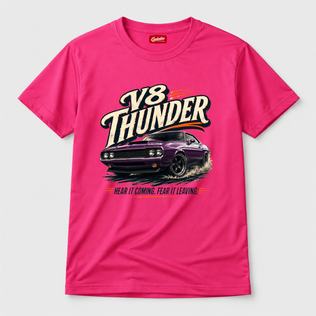 Camberline Cars V8 Thunder Muscle Car T-Shirt in Hot Pink showing front graphic