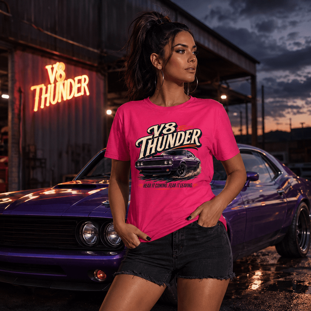 Model wearing Camberline Cars V8 Thunder Muscle Car T-Shirt in Hot Pink, styled for car and 4x4 culture