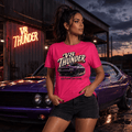 Model wearing Camberline Cars V8 Thunder Muscle Car T-Shirt in Hot Pink, styled for car and 4x4 culture