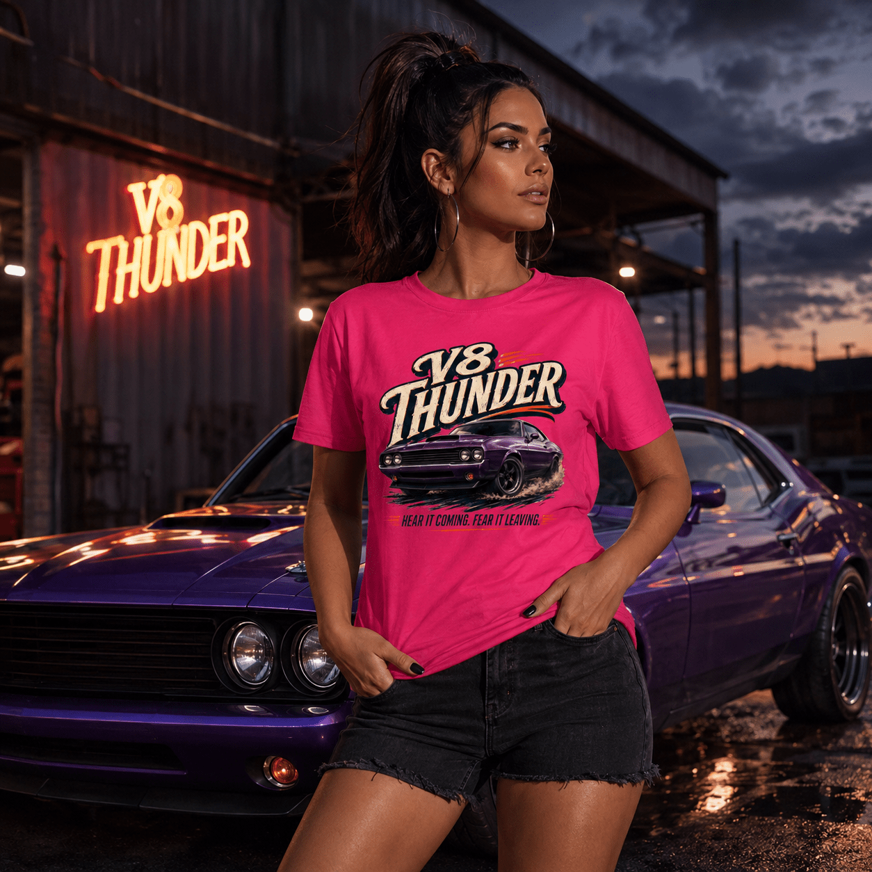 Model wearing Camberline Cars V8 Thunder Muscle Car T-Shirt in Hot Pink, styled for car and 4x4 culture