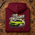Muscle Car Graphic Hoodie – V8 Unleashed Full Power, folded back main hero on a worn automotive workbench – car-hd-0061