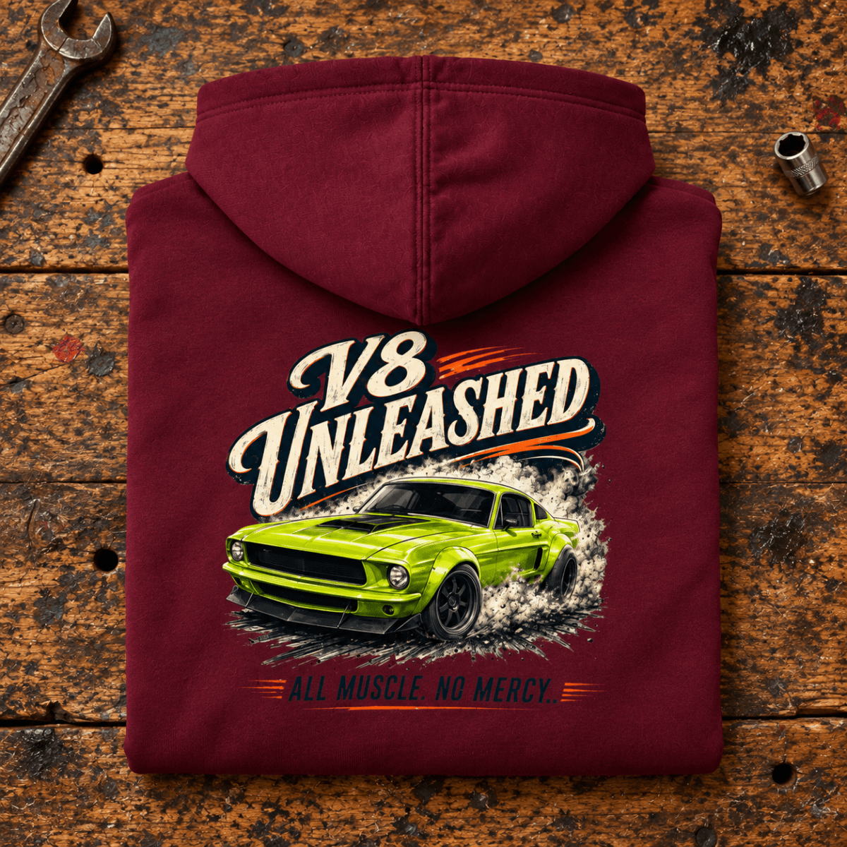 Muscle Car Graphic Hoodie – V8 Unleashed Full Power, folded back main hero on a worn automotive workbench – car-hd-0061