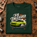 Muscle Car Graphic T-Shirt – V8 Unleashed Full Power, folded front hero on a worn automotive workbench – car-ts-0061