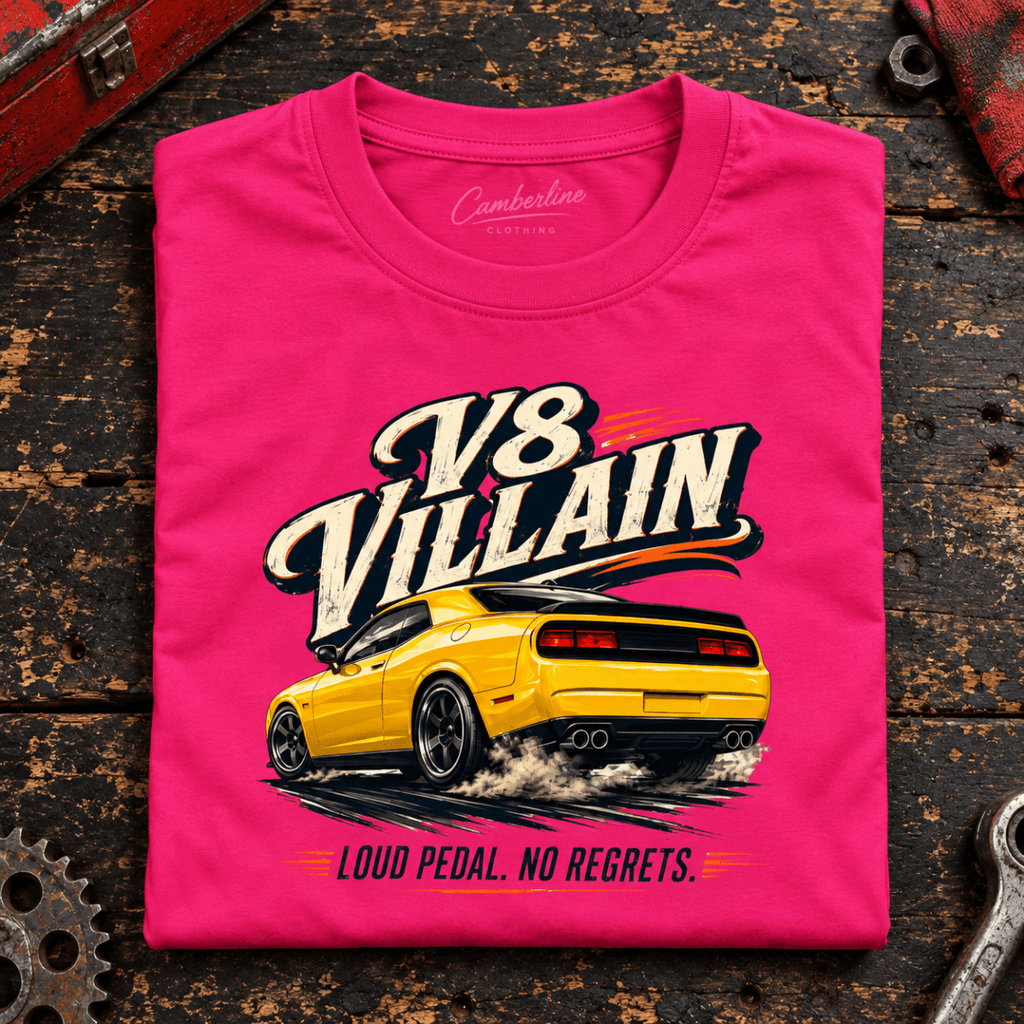 Muscle Car Graphic T-Shirt – V8 Villain Anti Hero American Iron, folded front main hero on a worn automotive workbench – car-ts-0050
