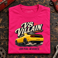 Muscle Car Graphic T-Shirt – V8 Villain Anti Hero American Iron, folded front main hero on a worn automotive workbench – car-ts-0050