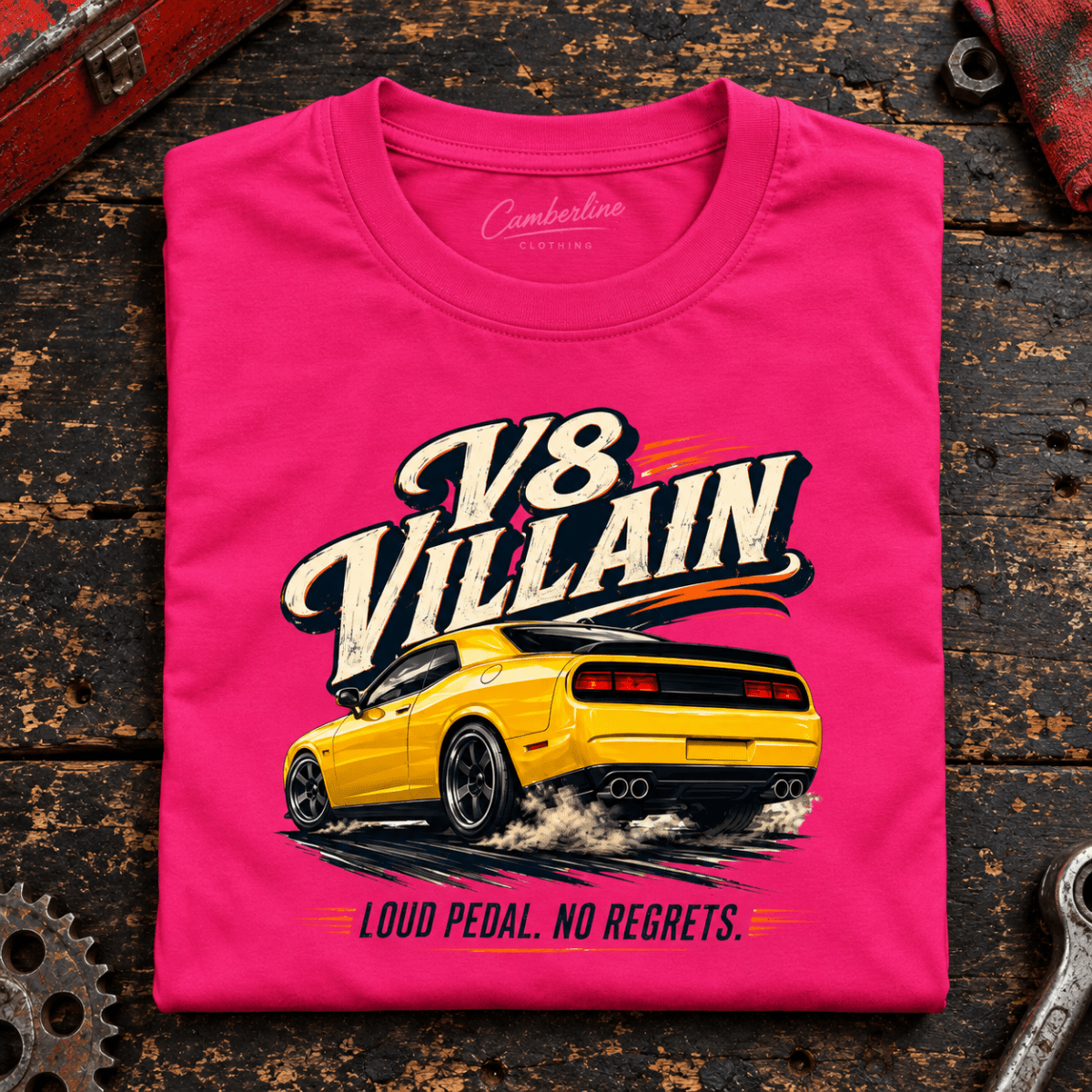 Muscle Car Graphic T-Shirt – V8 Villain Anti Hero American Iron, folded front main hero on a worn automotive workbench – car-ts-0050