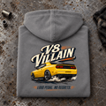 Muscle Car Graphic Hoodie – V8 Villain Anti Hero American Iron, folded back main hero on a worn automotive workbench – car-hd-0050