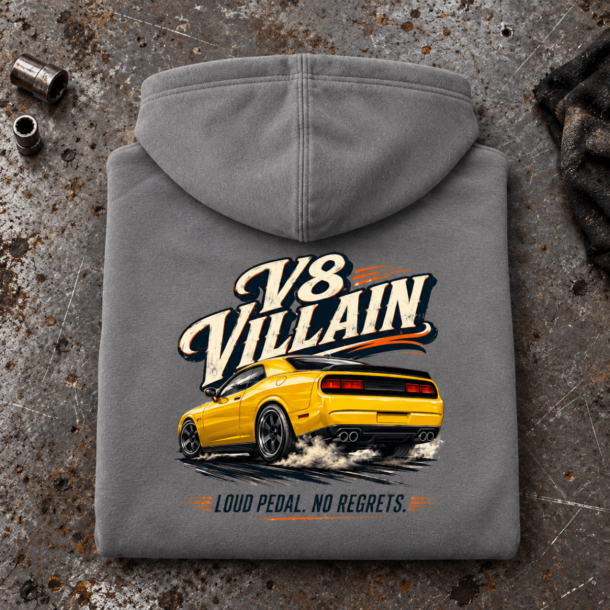 Muscle Car Graphic Hoodie – V8 Villain Anti Hero American Iron, folded back main hero on a worn automotive workbench – car-hd-0050