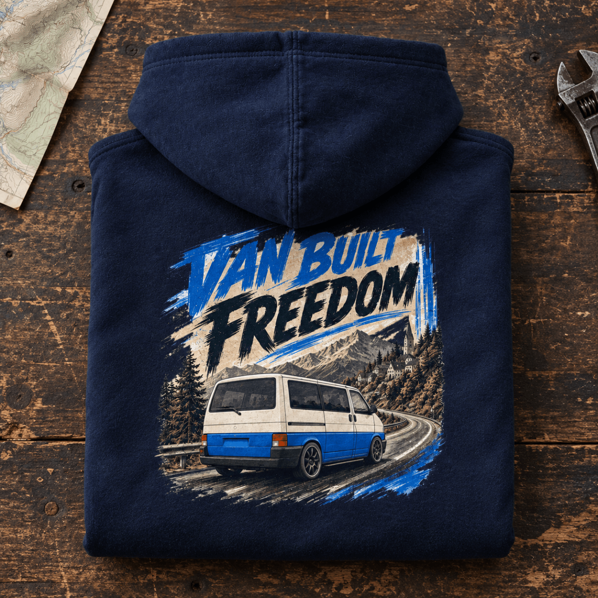 Folded navy Van Built Freedom classic panel van hoodie, rear graphic product hero