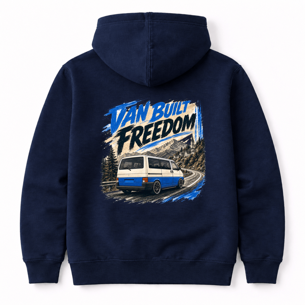 Navy blue hoodie with 'Van Built Freedom' graphic on the back
