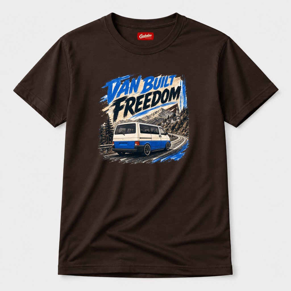 Brown t-shirt with 'Van Built Freedom' graphic design on a white background