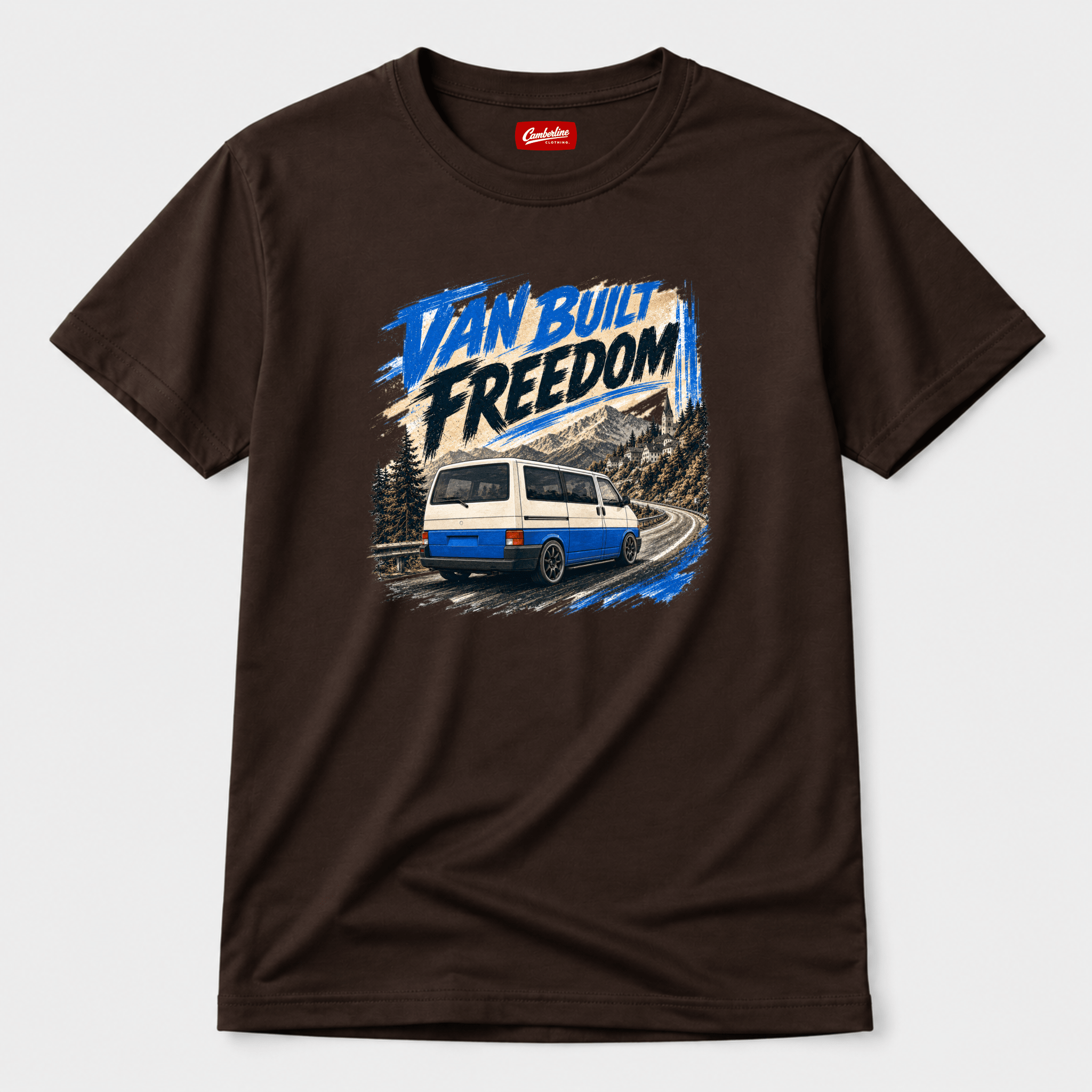 Brown t-shirt with 'Van Built Freedom' graphic design on a white background