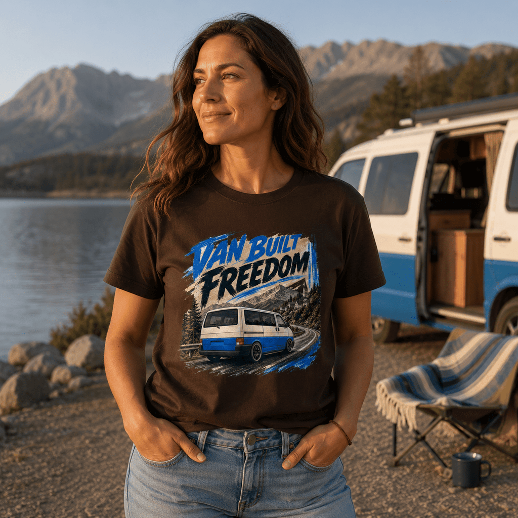 Woman wearing a 'Van Built Freedom' t-shirt by a lake with mountains in the background