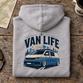 Folded sport grey blue camper mountain van life hoodie, rear graphic product hero