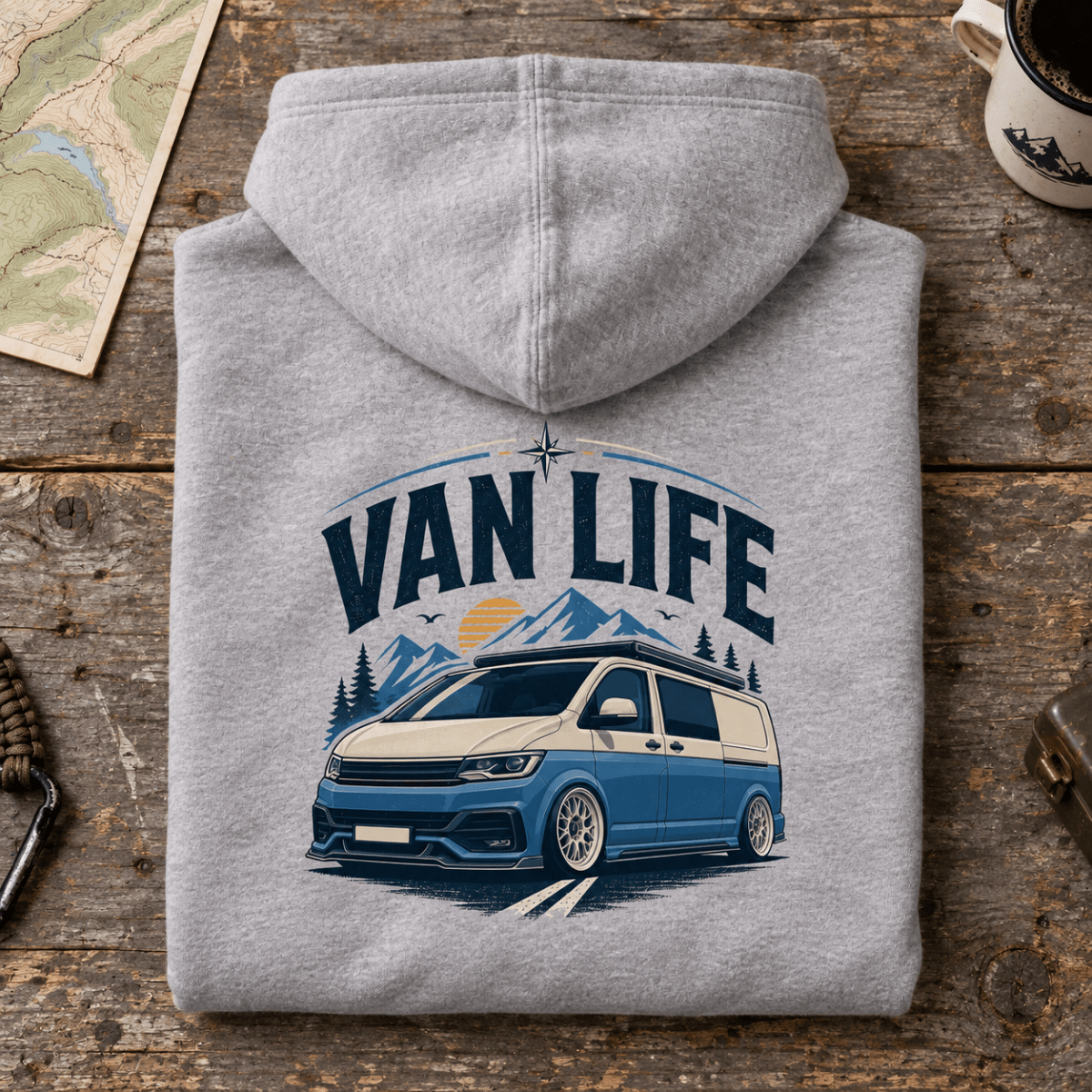 Folded sport grey blue camper mountain van life hoodie, rear graphic product hero