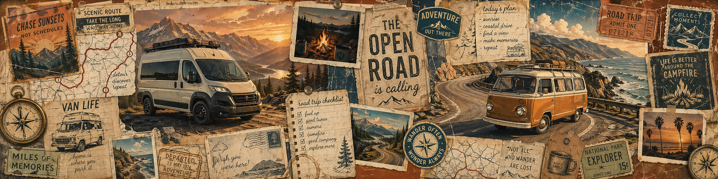Collage of vintage travel posters and images with vans and scenic landscapes.