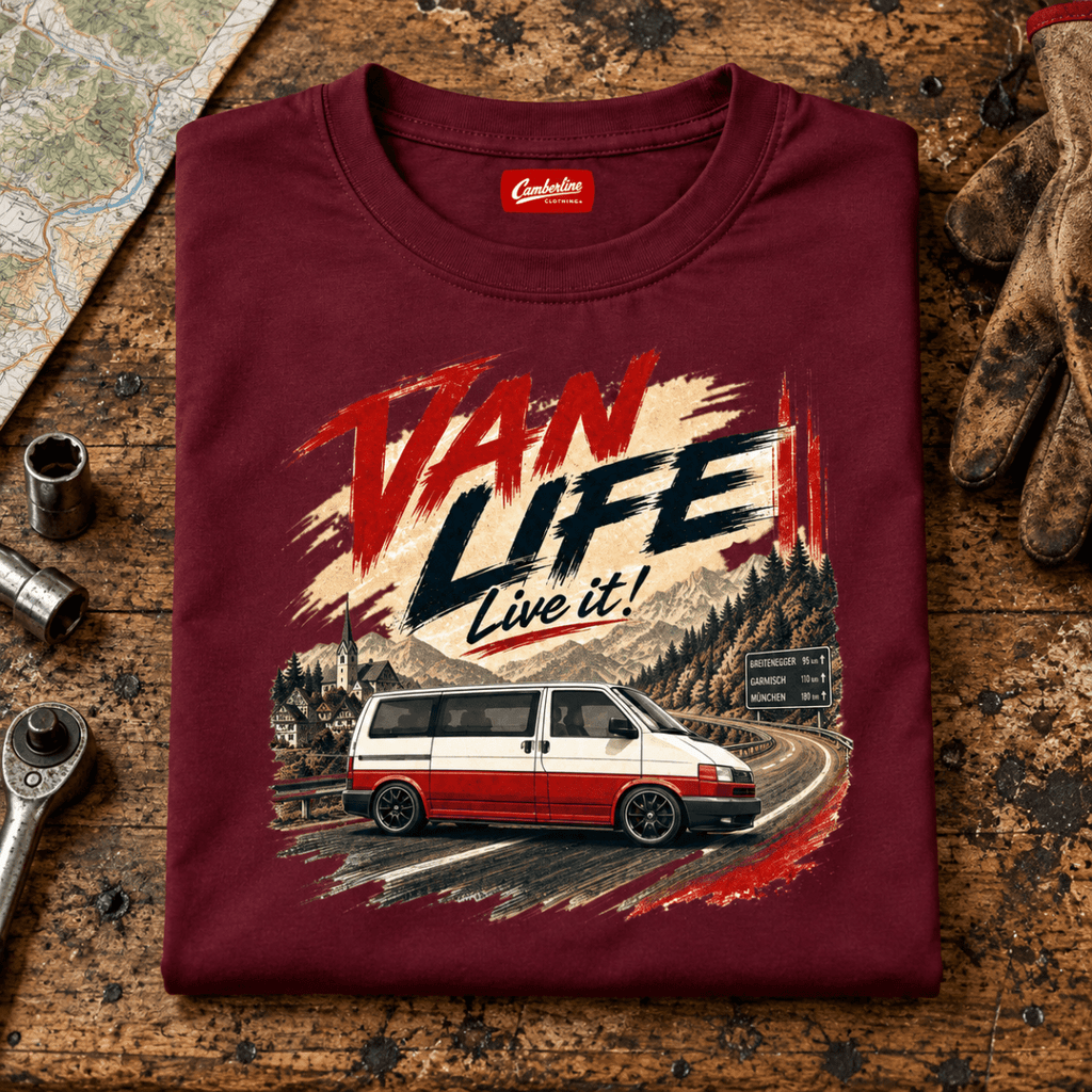 Van Life Live It burgundy panel van T-shirt folded front hero