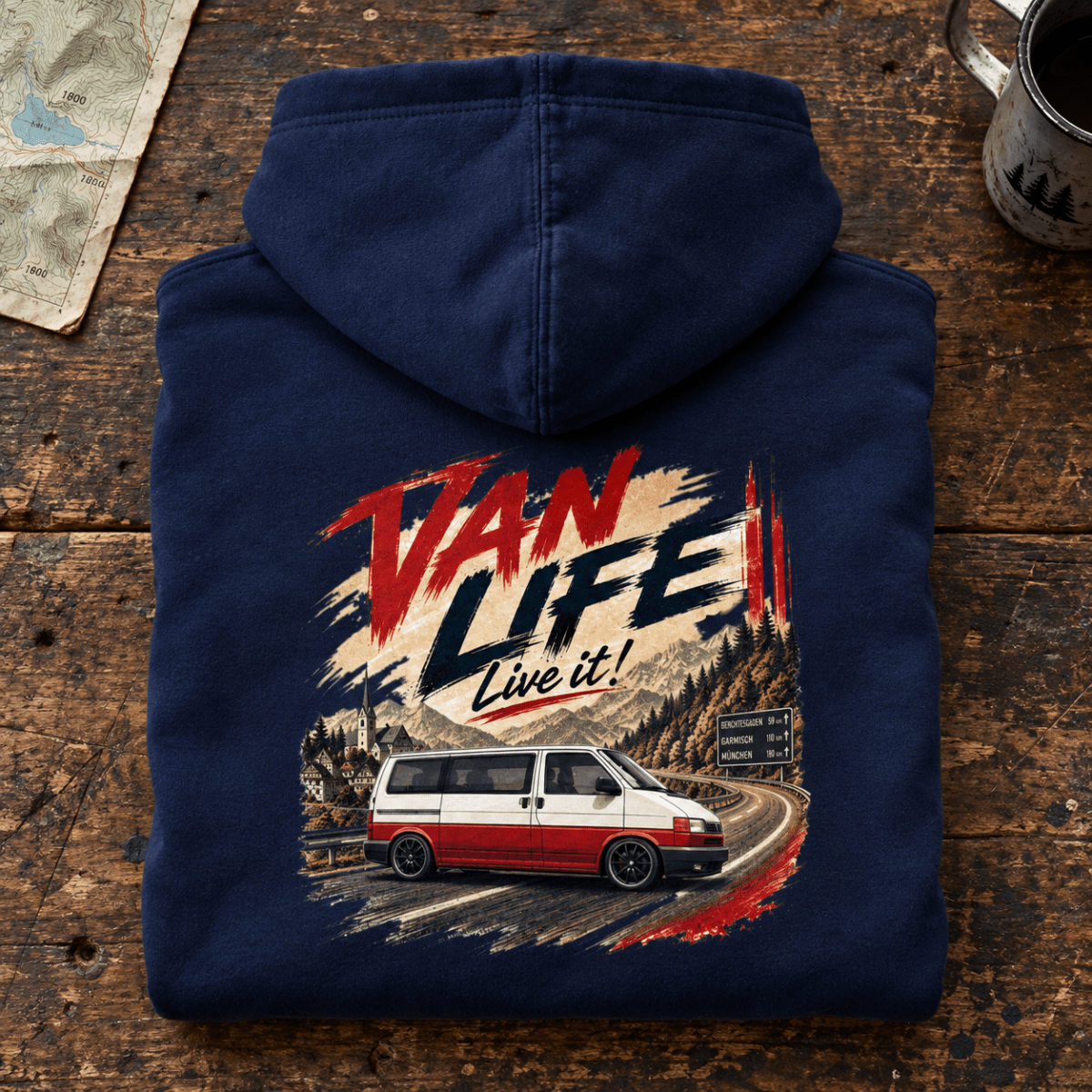 Folded navy Van Life Live It red panel van hoodie, rear graphic product hero