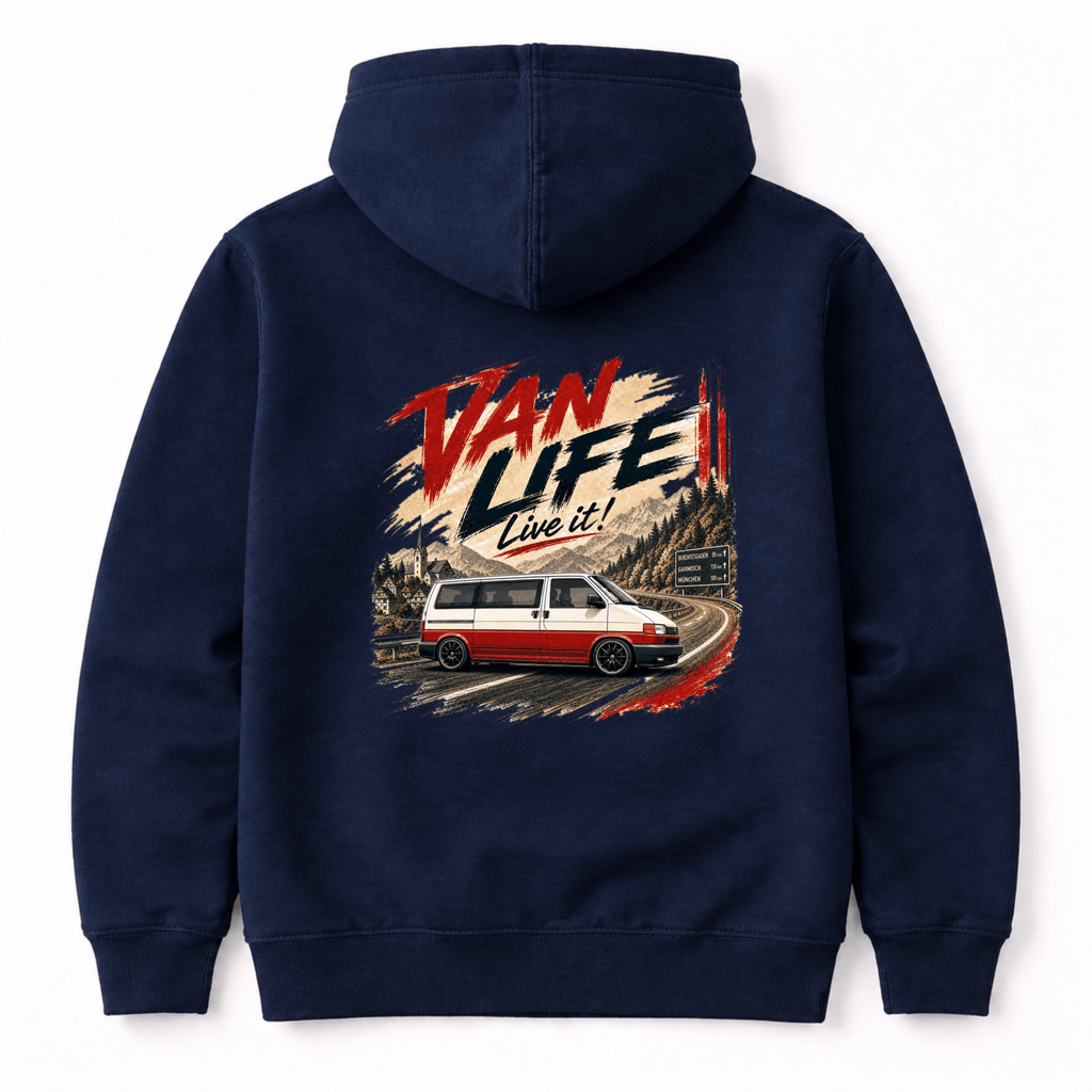 Camper Van Graphic Hoodie – Red Panel Van Camper Mountain Road
