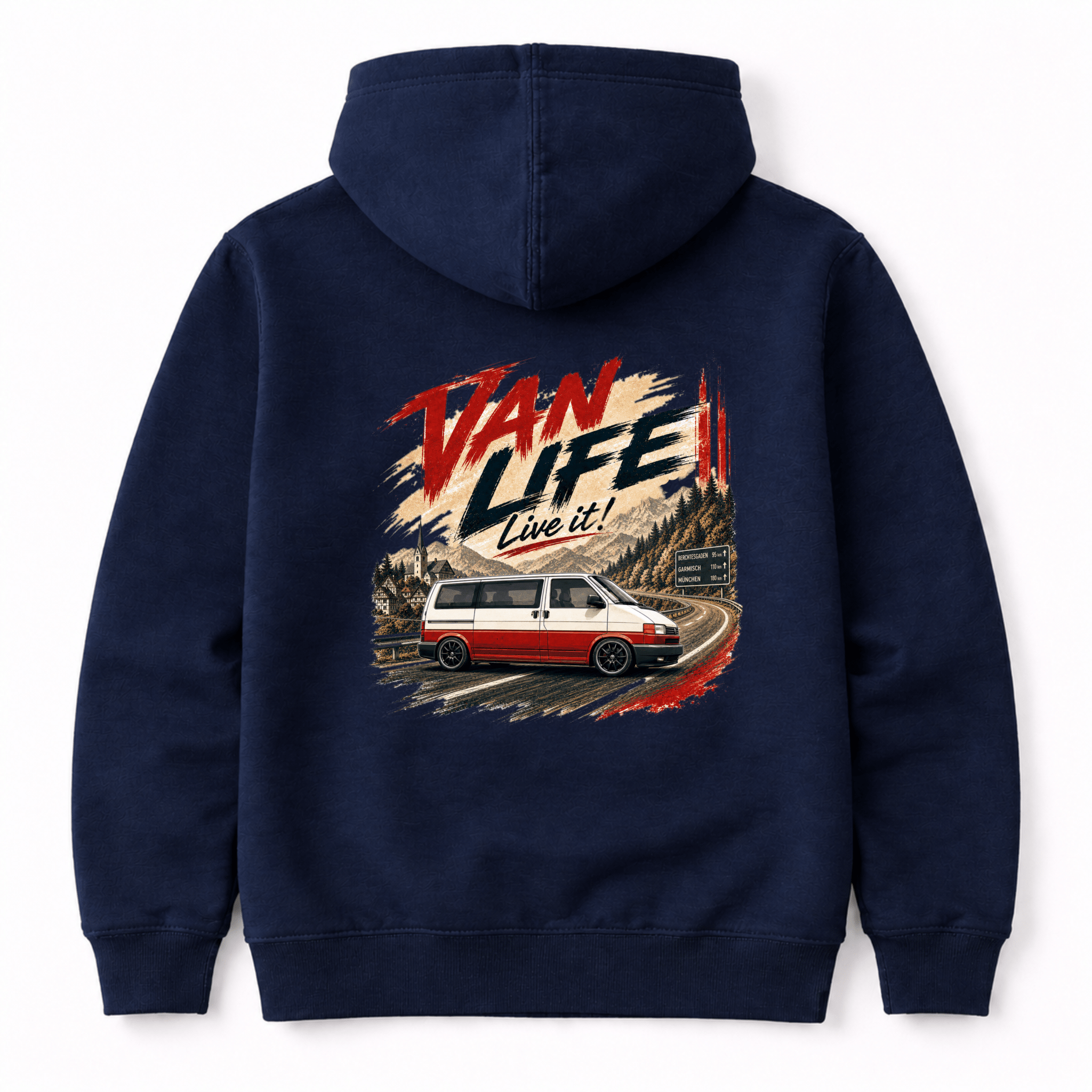 Red Panel Van Camper Mountain Road Van Life Graphic Hoodie