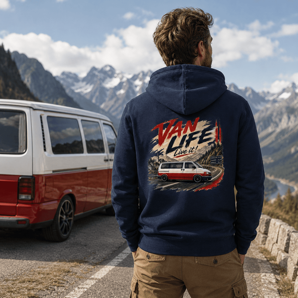 Camper Van Graphic Hoodie – Red Panel Van Camper Mountain Road