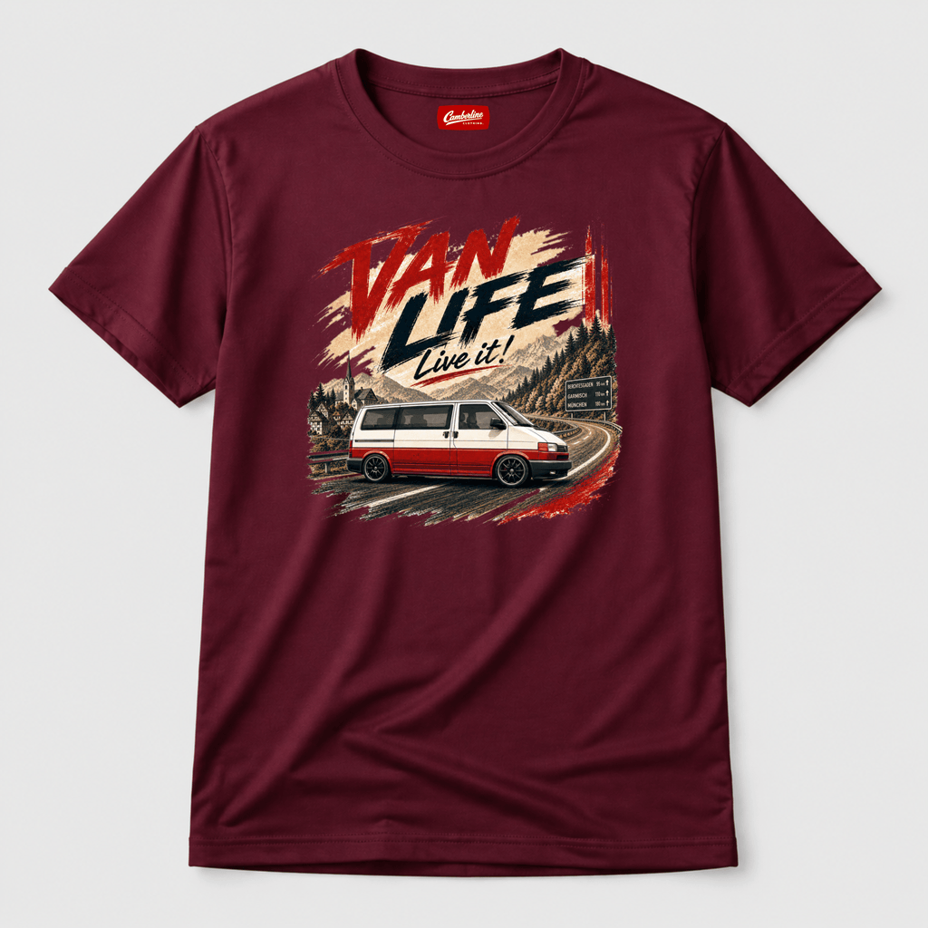 Maroon t-shirt with 'Van Life Live It!' graphic design on a white background