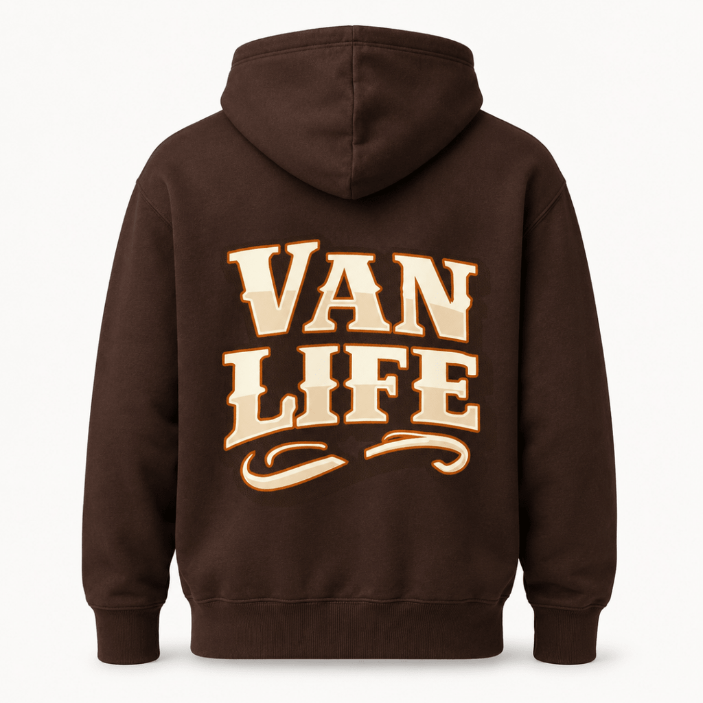 A dark brown pullover hoodie shown from the back, featuring a large cream-colored graphic text print that reads 'VAN LIFE' with a western-style font and decorative underline.