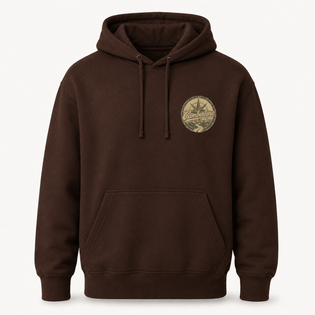 A dark brown pullover hoodie with a drawstring hood, kangaroo pocket, and a circular vintage-style 'CamperStar' logo printed on the left chest, shown against a plain white background.